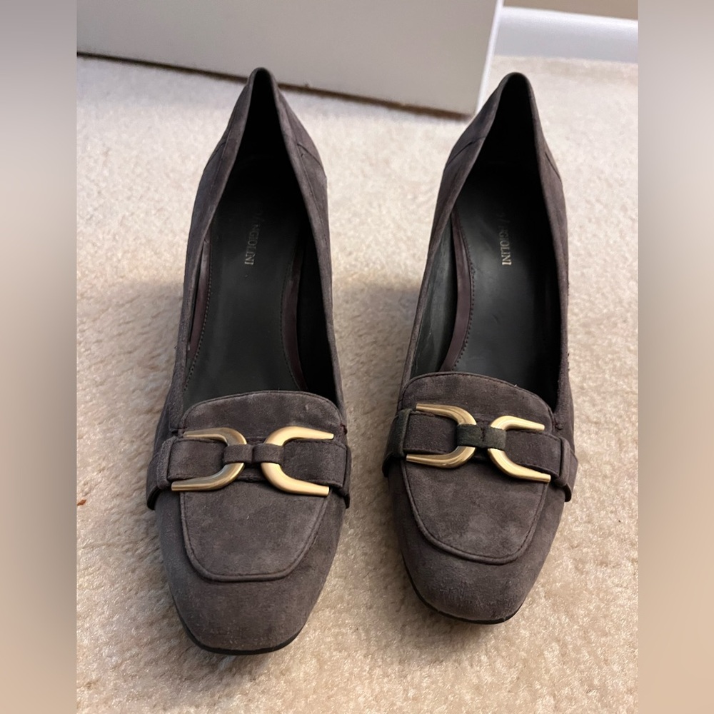 Enzo Vintage Dark Gray Suede Loafers, Gold Buckle, Medium Width, Non-slip sole